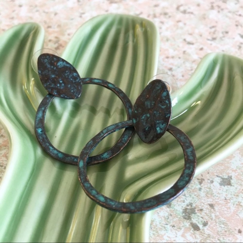 NWT Earthy Boho Hammered Patina Teal Hoop Earrings